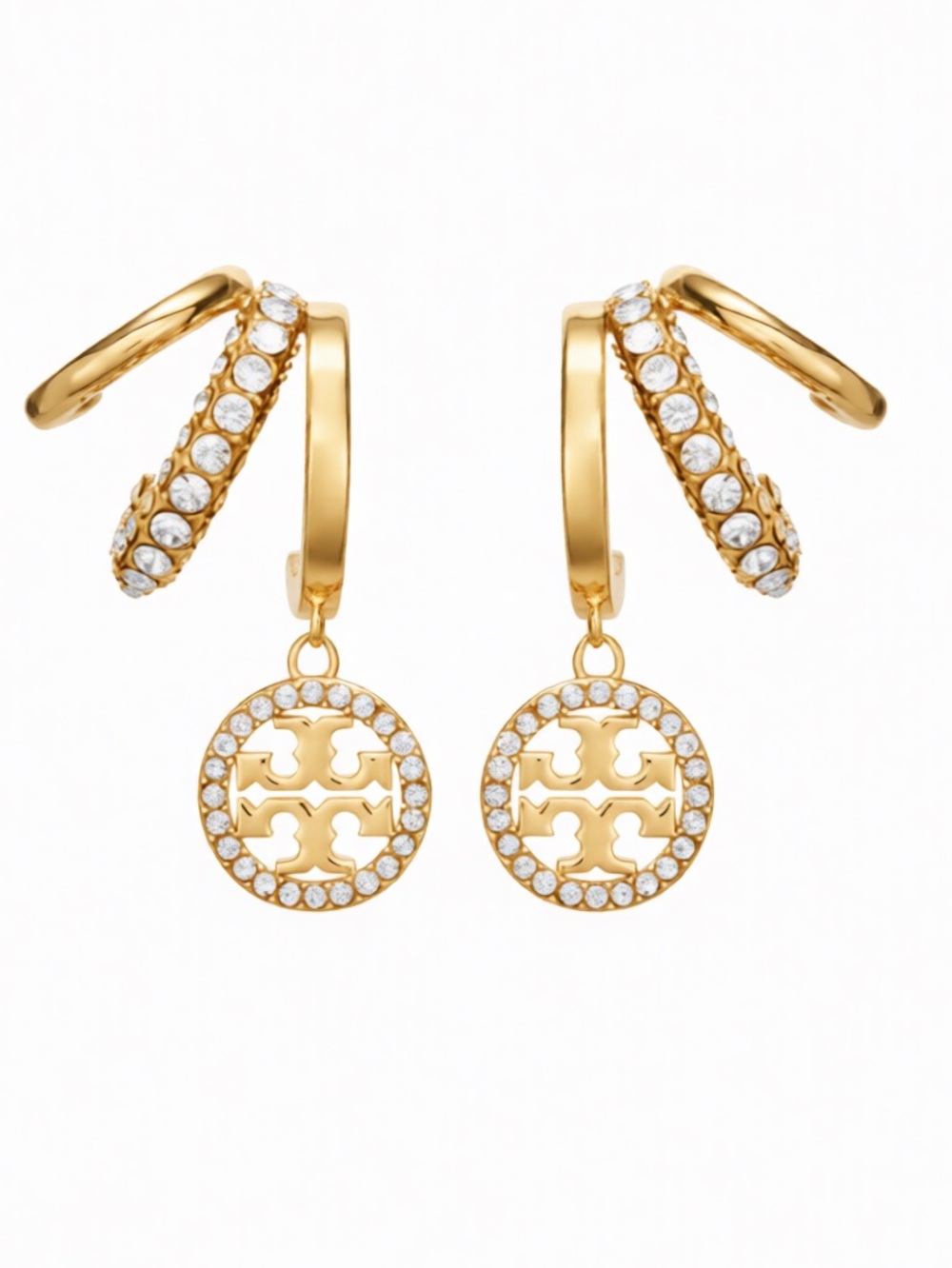 TORY BURCH ICON GOLD PAVÉ TRIPLE HOOP EARRINGS - Picture 2 of 4